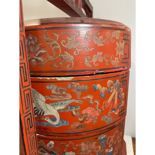 19th Century A Large Antique Chinese Red Lacquered Four-Tier Stacking Wedding Basket/Box. For Sale - Image 5 of 12