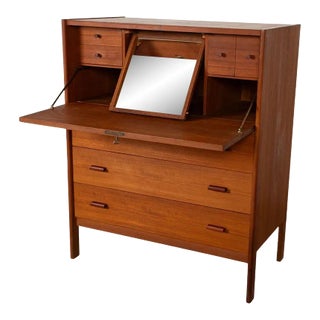 1970s Mid-Century Modern Teak Secretary Desk Vanity With Mirror For Sale