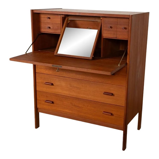 1970s Mid-Century Modern Teak Secretary Desk Vanity With Mirror For Sale