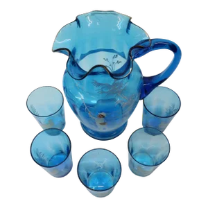 Victorian Blue Glass Pitcher W/ 5 Tumblers