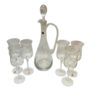 Vintage Romanian Etched Crystal Decanter Set- 7 Pieces