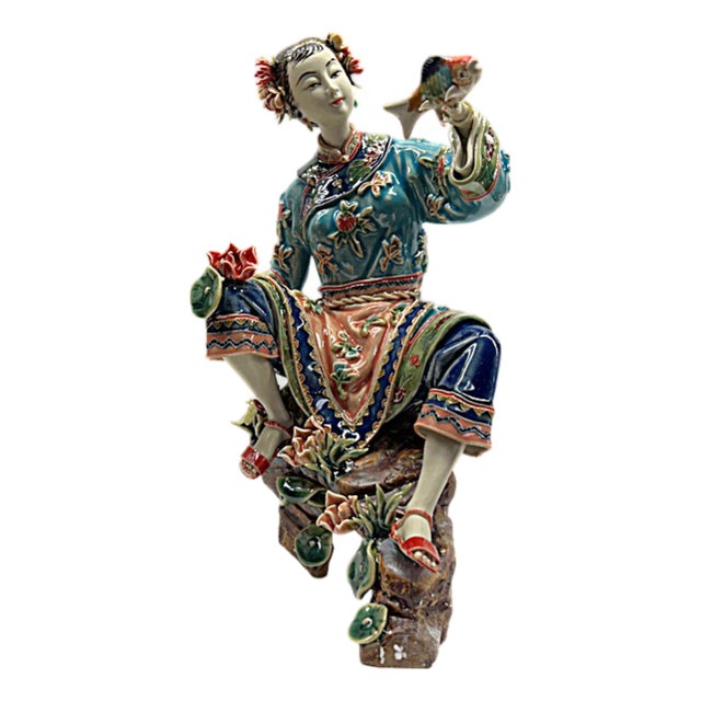 Chinese Porcelain Qing Style Dressing Catching Fish Lady Figure For Sale