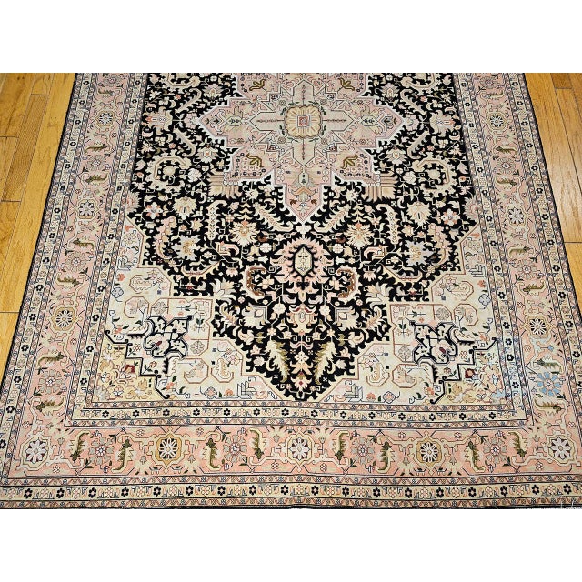 Fine Persian Tabriz Rug, Hand-Knotted Wool & Silk, Geometric Heriz Pattern, Black & Ivory, 7x10 For Sale - Image 12 of 17