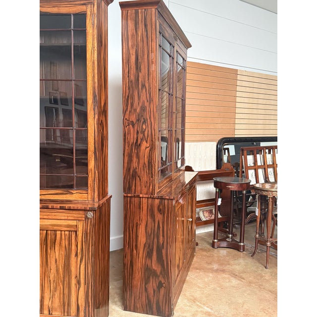 English Two-Tiered Glass Front Bookcases of Figured Wood - Two Available For Sale - Image 16 of 17