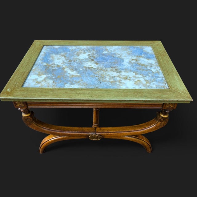 Neoclassical Pair of 19th Century Neoclassical Style Reverse Painted Glass Top Curule Base Cocktail/Side Tables For Sale - Image 3 of 9