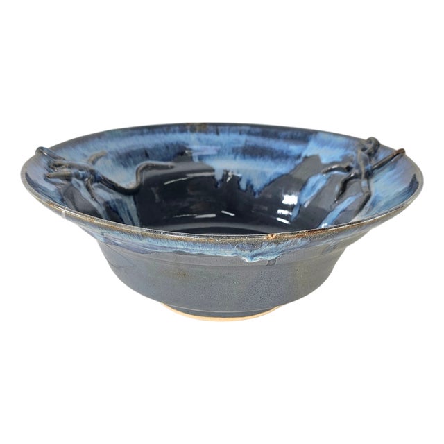 Southwestern Studio Art Pottery Bowl With Sculptural Lizard Relief 12.25" For Sale