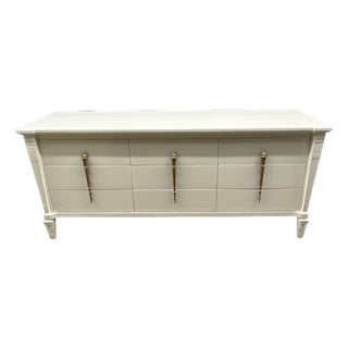 Vintage Romweber Neoclassical Dresser in White Lacquer With Monumental Brass Torch Pulls For Sale