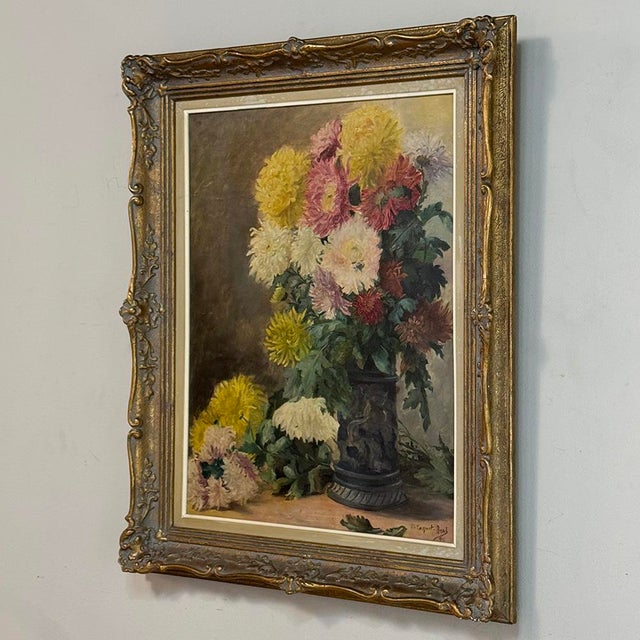 Framed Oil on Canvas, Still Life With Chrysanthemums, by M. Taquet-Beal, 1944, Belgium For Sale - Image 4 of 15