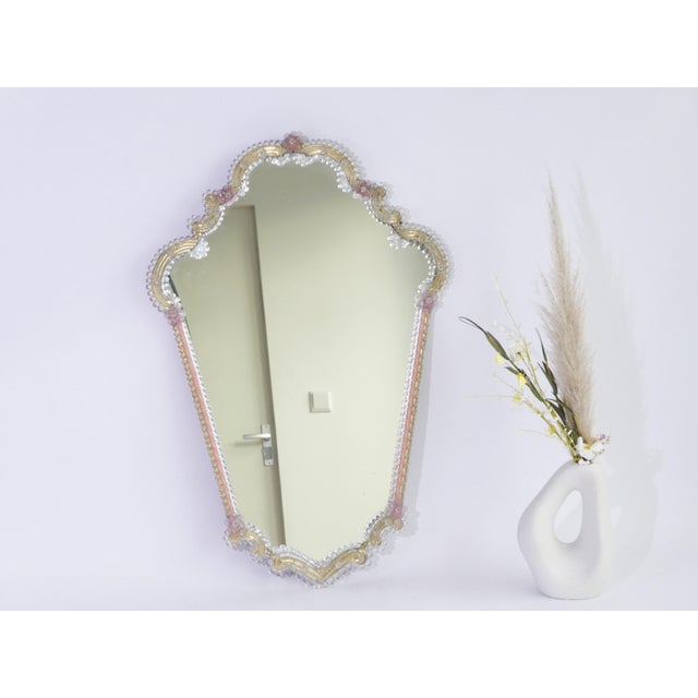 Mid-Century Italian Scalloped Murano Glass Wall Mirror with Pink Flowers, 1970s For Sale - Image 12 of 12