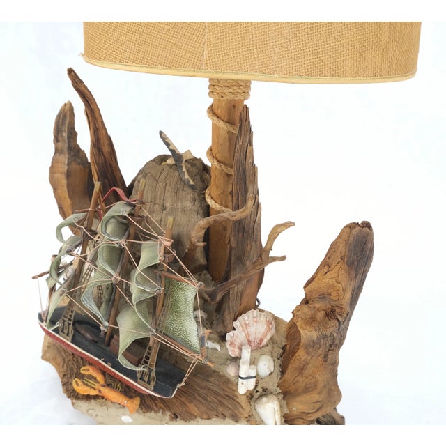 Brown Sea Naval Shells Theme Decorated Driftwood Base Table Lamp Mid-Century Modern For Sale - Image 8 of 12