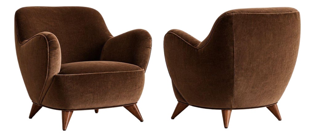 Vladimir Kagan Barrel Lounge Chairs in Brown Velvet and Walnut Legs