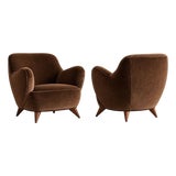 Vladimir Kagan Barrel Lounge Chairs in Brown Velvet and Walnut Legs For Sale