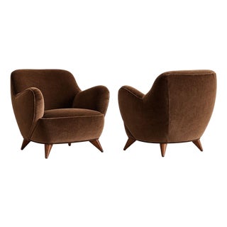 Vladimir Kagan Barrel Lounge Chairs in Brown Velvet and Walnut Legs For Sale