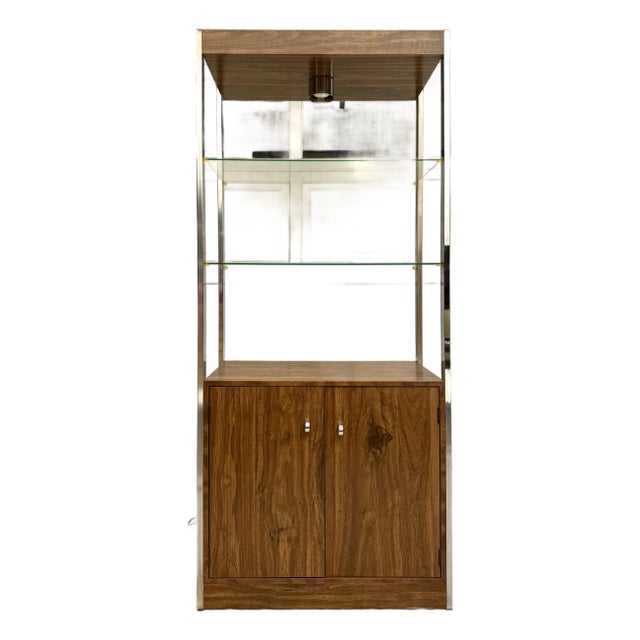 Vintage Chrome and Faux Wood Etagere With Lighted Glass Shelves For Sale