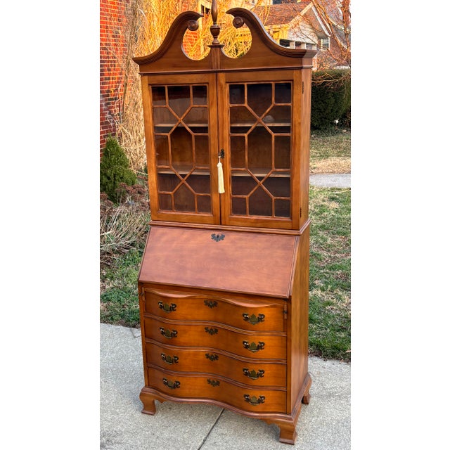 Antique Chippendale secretary desk with hutch, featuring solid maple construction, brass hardware, drop front writing...