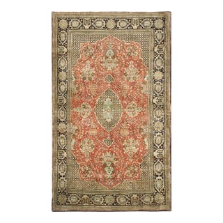 1940s Small Red Rust Field Formal Medallion Vintage Handknotted Qum Silk Rug For Sale