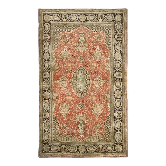 1940s Small Red Rust Field Formal Medallion Vintage Handknotted Qum Silk Rug For Sale