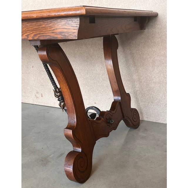 Wood 20th Century Spanish Oak Lyre Legs Trestle Dining Farm Table For Sale - Image 7 of 12