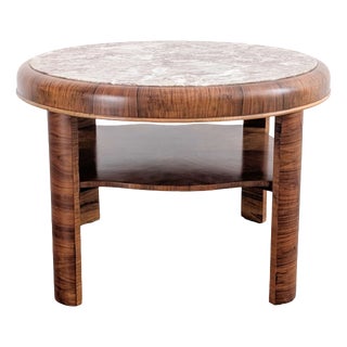 Vintage Round Walnut and Marble Coffee Table, 1950s For Sale