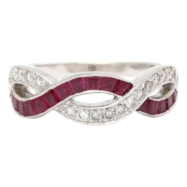 1.3ctw Ruby & Diamond Criss Cross Band Ring, 18k White Gold, Ring Size 7 For Sale