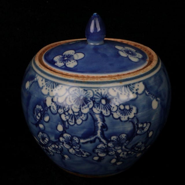 Chinoiserie Blue and White Plum Blossom Porcelain Ginger Jar, Chinoiserie Lidded Canister For Sale - Image 3 of 9