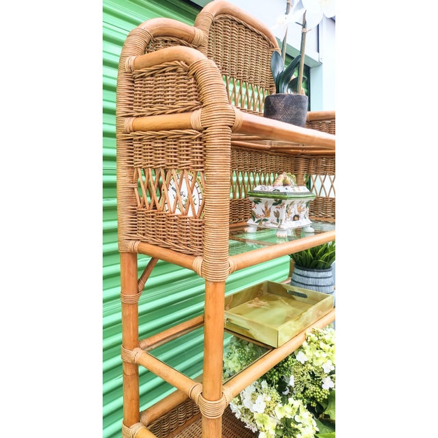 Vintage Wicker Rattan Pagoda Topped 3 Glass Shelf Etagere | Chairish