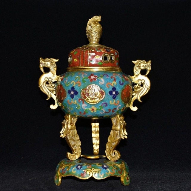 Chinese Elegant Vintage Chinese Cloisonné Enamel & Gilt Bronze Tripod Censer on Stand For Sale - Image 3 of 9