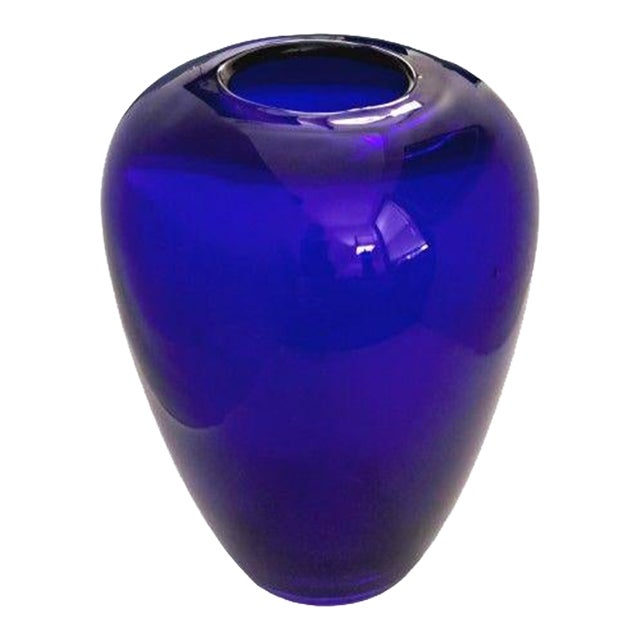 Vintage Minimalist Modern Two Layer Cobalt and Clear Glass Vase For Sale
