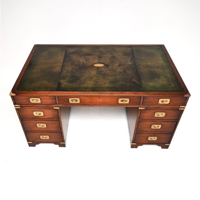 Brown Antique Leather Top Military Campaign Partners Desk, 1950 For Sale - Image 8 of 11