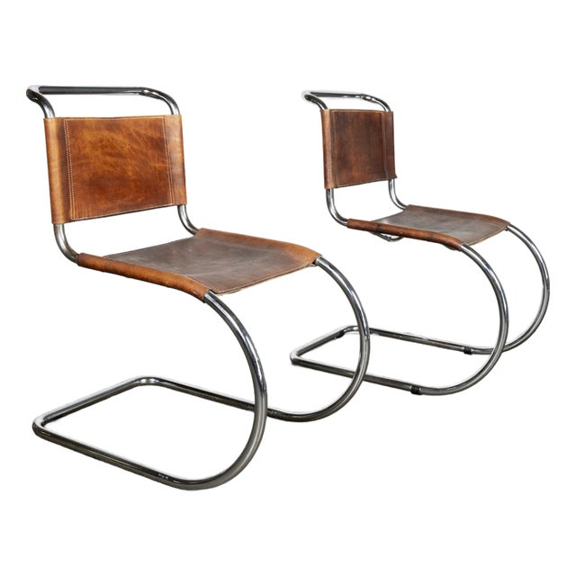 Mid 20th Century Pair of Bauhaus-Style Chrome and Brown Leather Cantilever Chairs For Sale