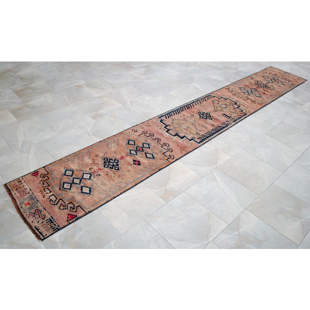 1960s 1960s Runner Turkish Hand-Knotted Rug Peach Hallway Decor Kitchen Floor Accent 2x13 Ft Approx For Sale - Image 5 of 15