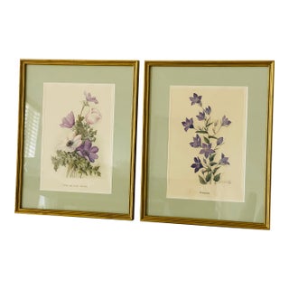 1960s Bertha S Vester 2 Floral Lithographs in Gold Frames For Sale