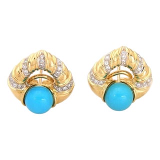 Mid 20th Century Pair of Antonini Diamond Turquoise 18k Yellow Gold Heart Post Clip Huggie Earrings For Sale