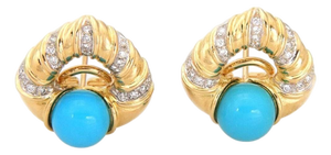 Mid 20th Century Pair of Antonini Diamond Turquoise 18k Yellow Gold Heart Post Clip Huggie Earrings