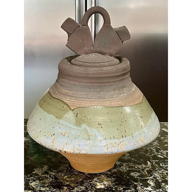 Contemporary Large Vintage Lidded Vessel, Signed, Hand-Thrown Pottery in Nature’s Colors, Glazed Around Outside Center and Inside Pot and Lid, Earthen-Ware Jar For Sale - Image 3 of 12