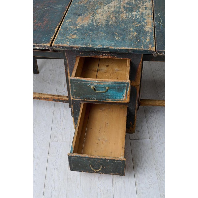 Swedish Folk Art Drop-Leaf Dining Table with Drawers and Rustic Paint For Sale - Image 10 of 15