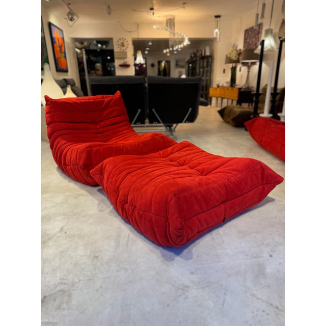 Set of Red Alcantara Togo Fireside Chair & Ottoman by Michel Ducaroy for Ligne Roset For Sale - Image 9 of 9