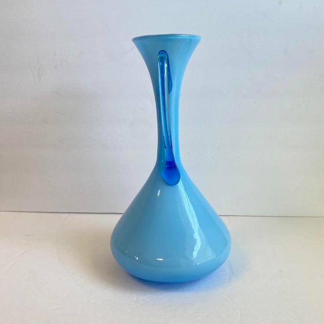 Sky Blue Italian Art Glass Pitcher Sky Blue Cased Glass Turquoise Vessel Attributed to Empoli Italy For Sale - Image 8 of 9