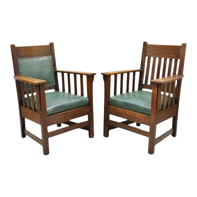 Early 1900s Mission Oak Arts & Crafts Stickley Jm Young Style Lounge Arm Chairs Green - Pair For Sale