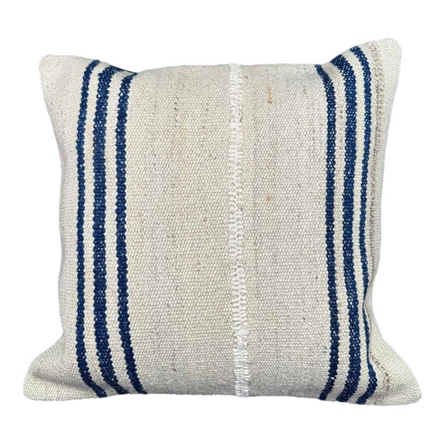 Turkish Hemp Pillow Cushion Natural Beige Blue Cushion Cover 20"x20" For Sale