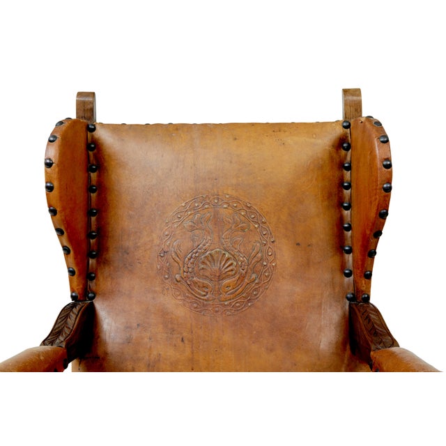 19th Century Oak and Embossed Leather Armchairs, Set of 2 For Sale - Image 9 of 11