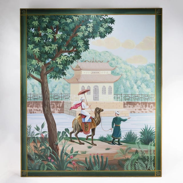 Green Large Vintage Chinoiserie Decorative Painting With Camel Rider and Pagoda Scene For Sale - Image 8 of 8