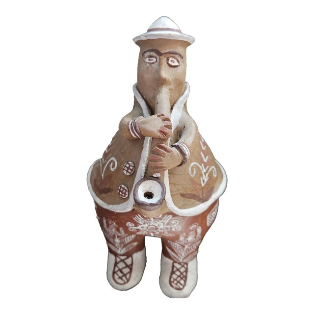 Peruvian Folk Art Pottery Terracotta Clay Sculpture Bank Man Saxophone 8" Tall For Sale