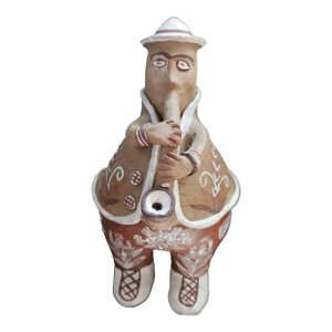 Peruvian Folk Art Pottery Terracotta Clay Sculpture Bank Man Saxophone 8" Tall