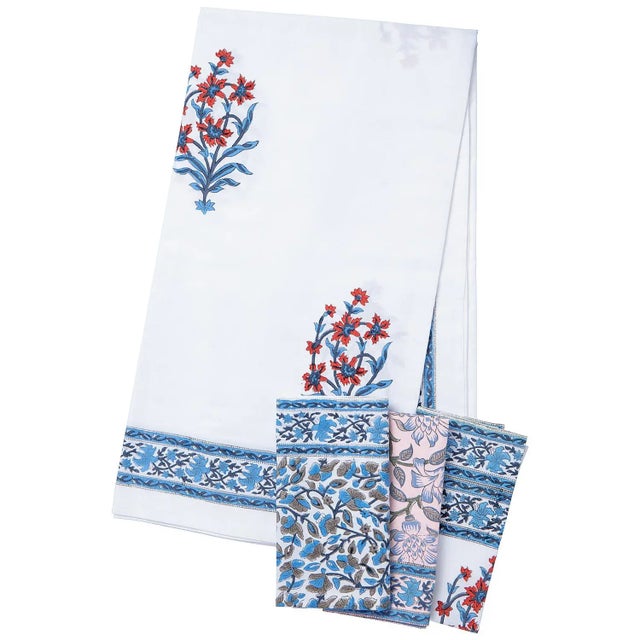 Contemporary Nargis 4-Seat Orange & Blue Tablecloth For Sale - Image 3 of 6