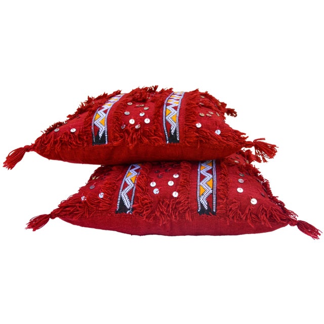 Vintage Moroccan Striped & Fringed Windowpane Pillows - Set of 2 For Sale In New York - Image 6 of 9