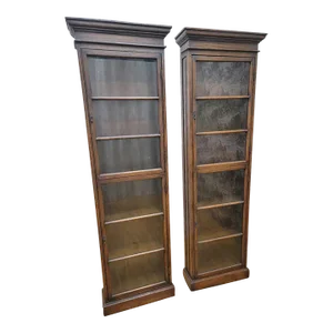 Antique Thai British Colonial Teak and Glass Display Cabinet - Pair