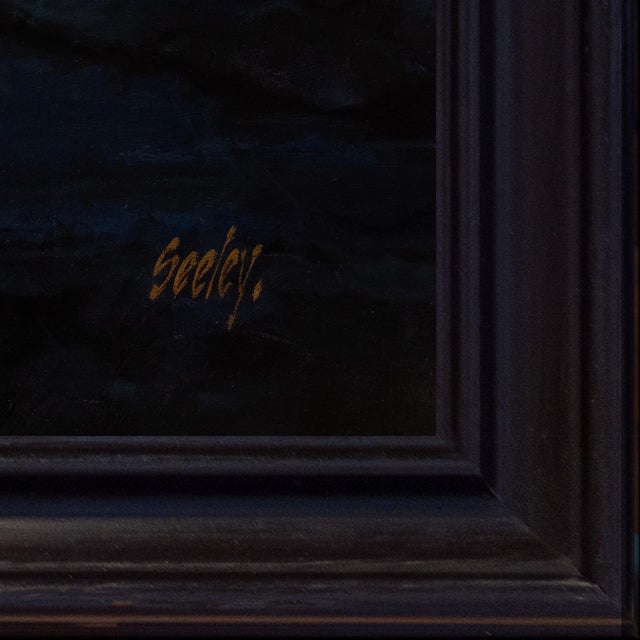 Hear Me Roar by Dave Seeley | Oil on Canvas on Board depicting a roaring lion in a dark landscape. For Sale
