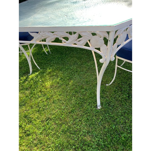 Lee L. Woodard & Sons Vintage Woodard Attributed Wrought Iron Patio Dining Table & Chairs Pomegranate 7 Pc Set For Sale - Image 4 of 15
