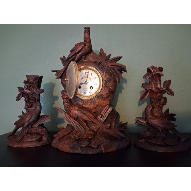 Antique Swiss Black Forest Pheasants Pendulum Clock, 1900, Set of 3 For Sale - Image 11 of 11